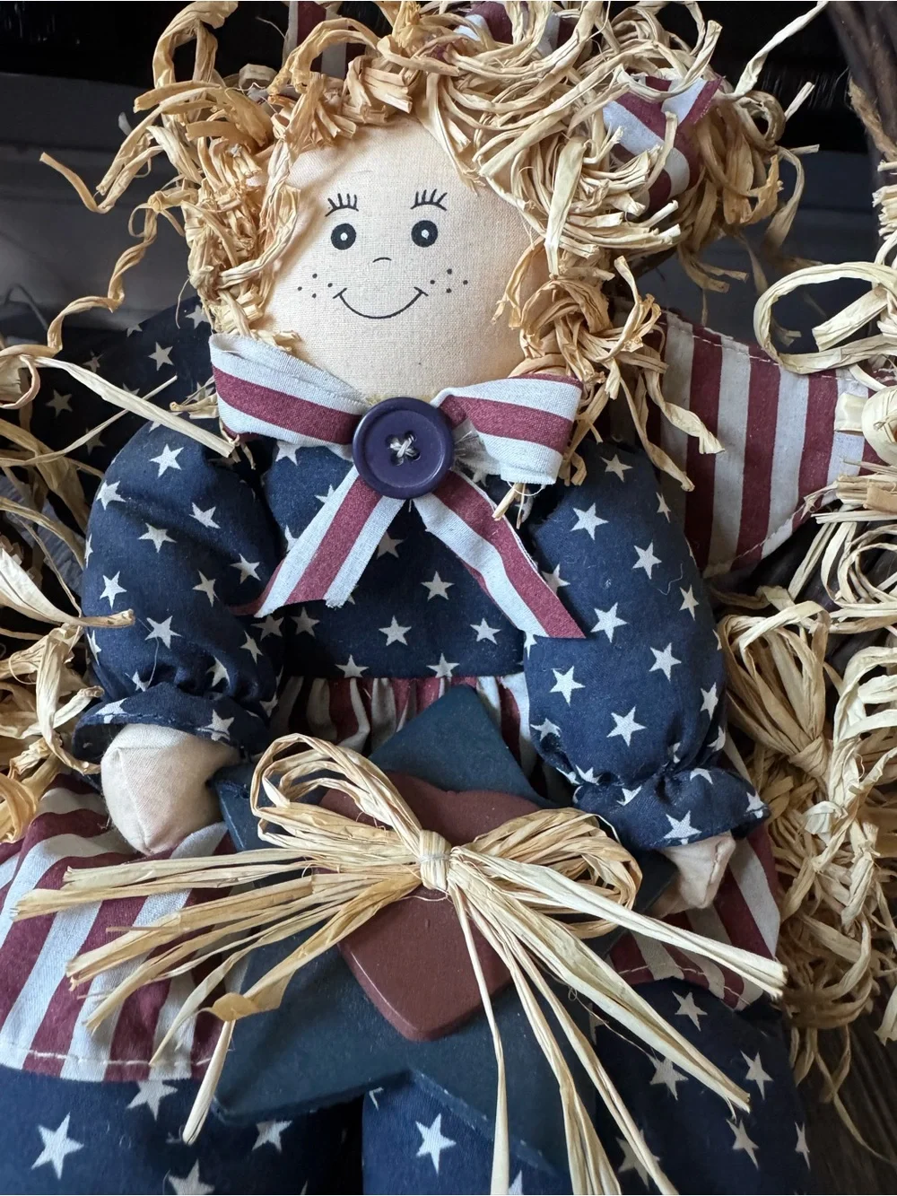 Vintage Folk Art American Doll Door Wreath Stars & Stripes Home Decor Classic